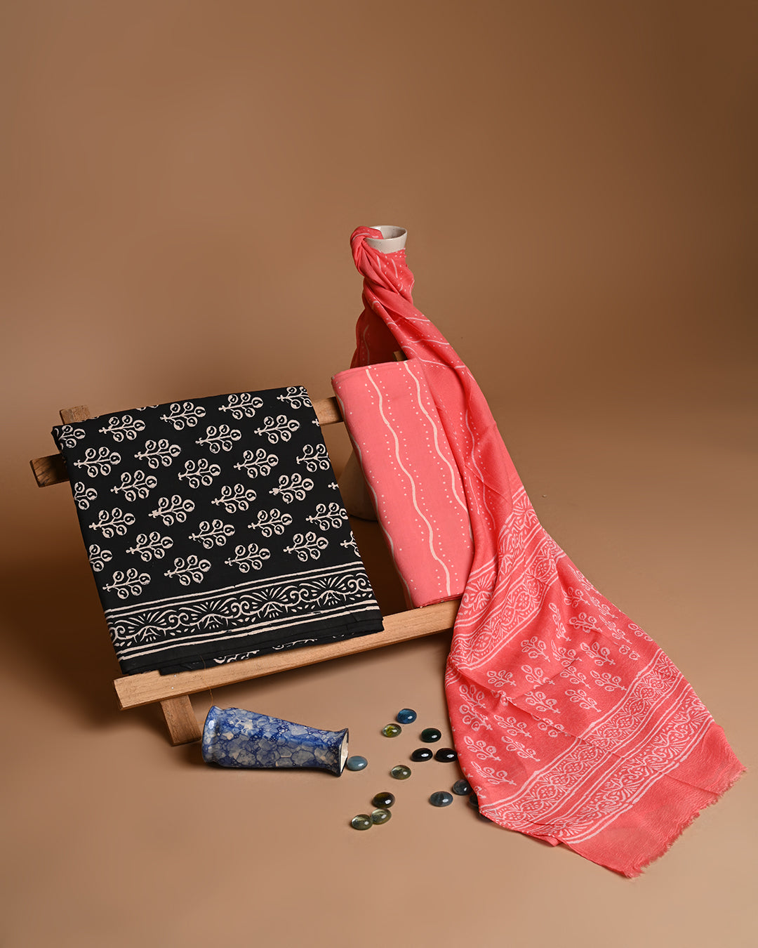 Exclusive  Red and Black Hand Block Printed Cotton Suit With Chiffon Dupatta (COCOTCH07)