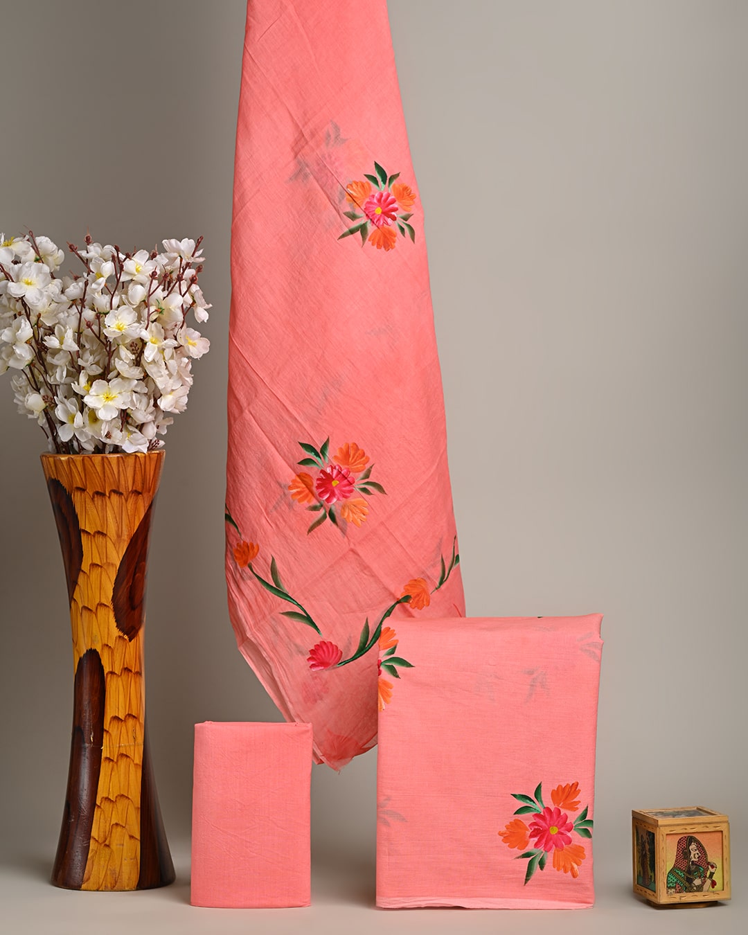 Traditional Pink Floral  Hand Painted Cotton Suit With Cotton Dupatta (COCOTMU07)