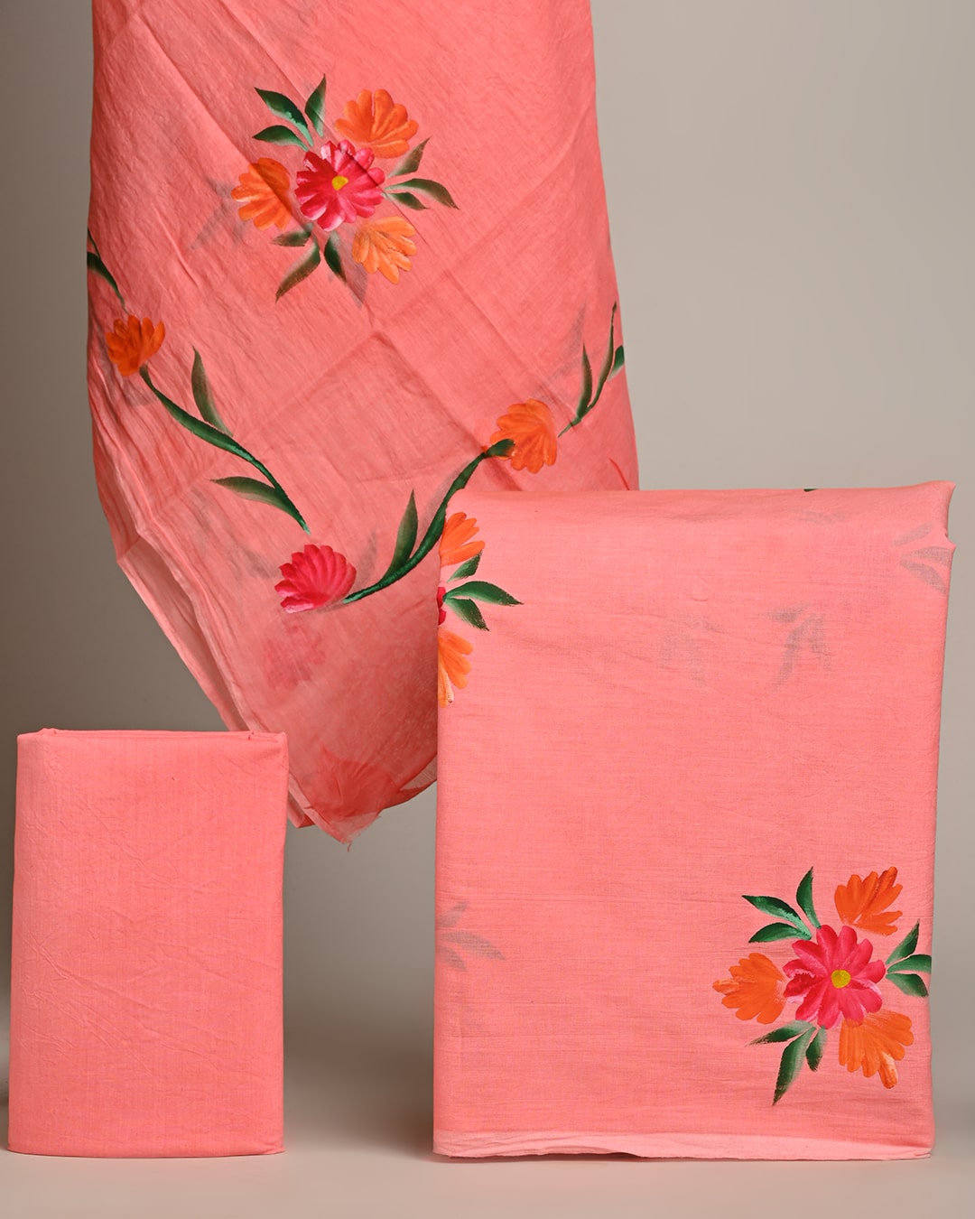 Traditional Pink Floral  Hand Painted Cotton Suit With Cotton Dupatta (COCOTMU07)