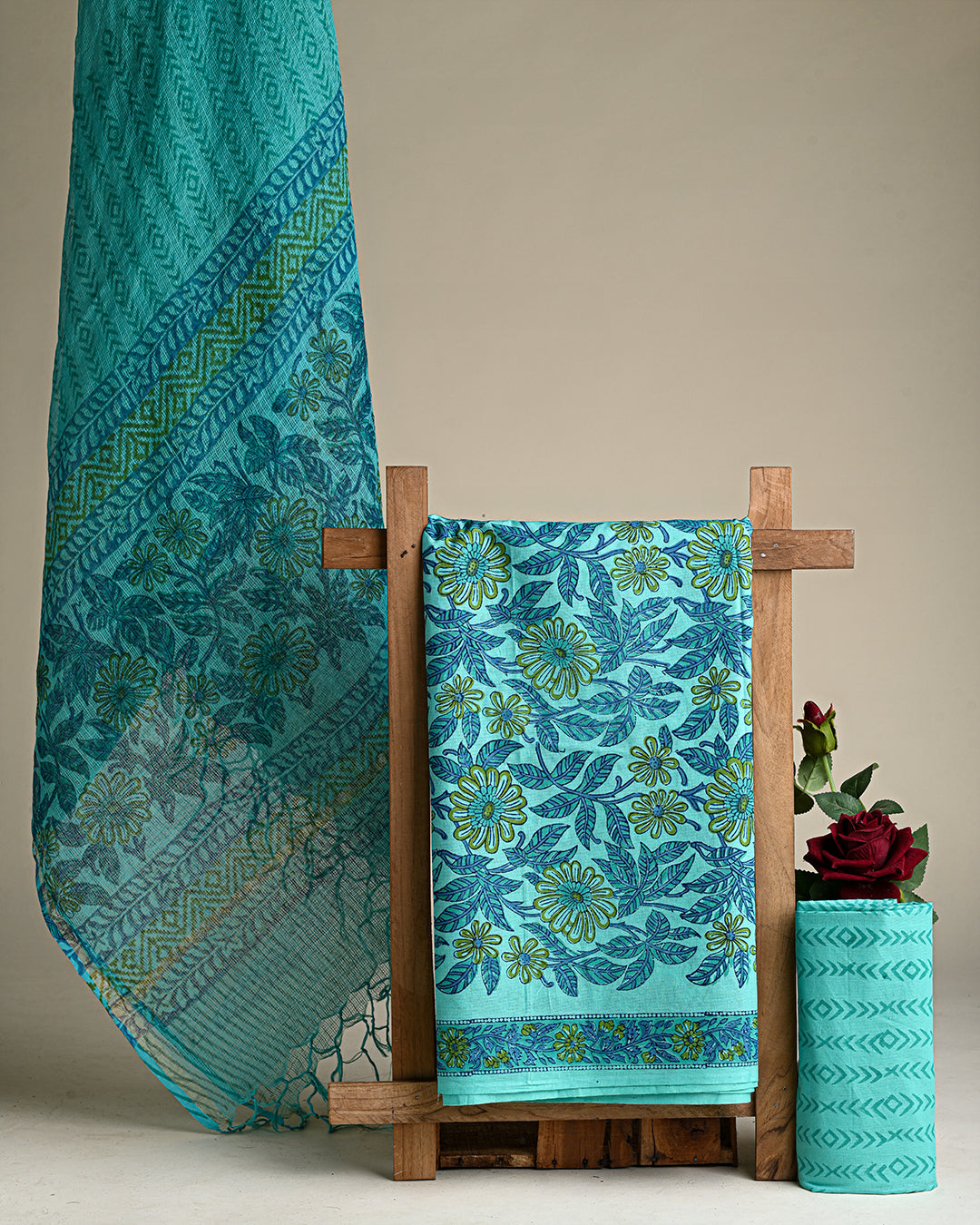 Exclusive  Blue Floral Hand Block Print Cotton Suit With Kota Dupatta (EACOTKO37)