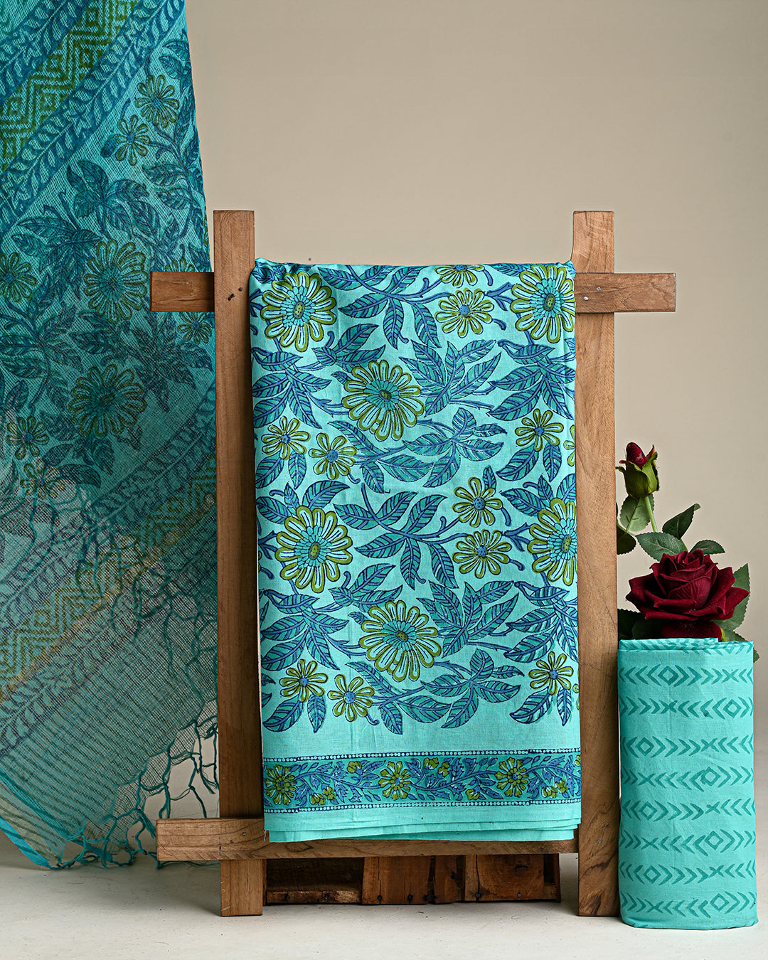 Exclusive  Blue Floral Hand Block Print Cotton Suit With Kota Dupatta (EACOTKO37)