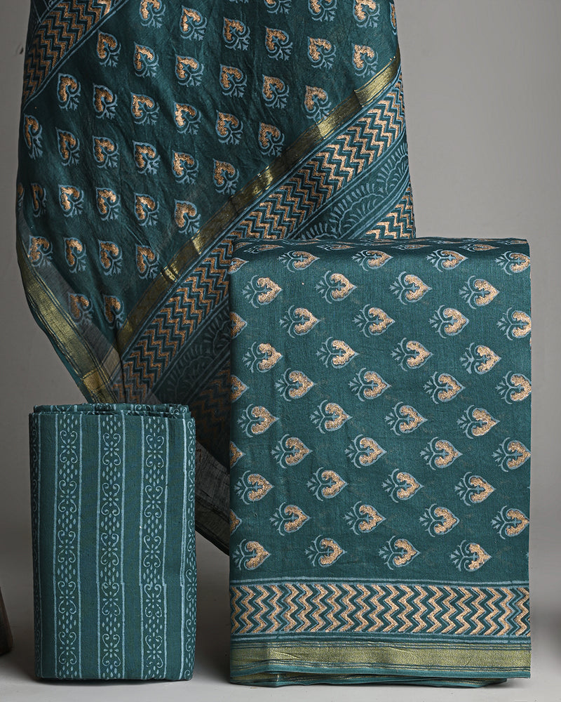 Exclusive Hand Block Gold And Khadi Printed Chanderi Silk Suit Set(EACHACH16)