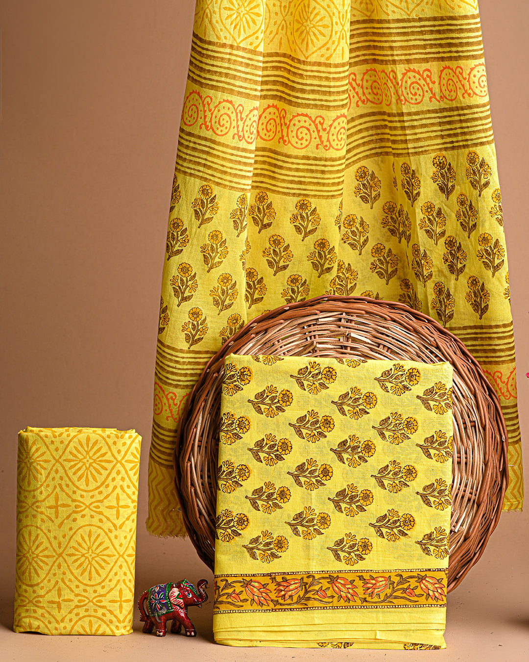 Designer  Yellow Sanganeri Print Cotton Suit With Cotton Dupatta EACOTMU27