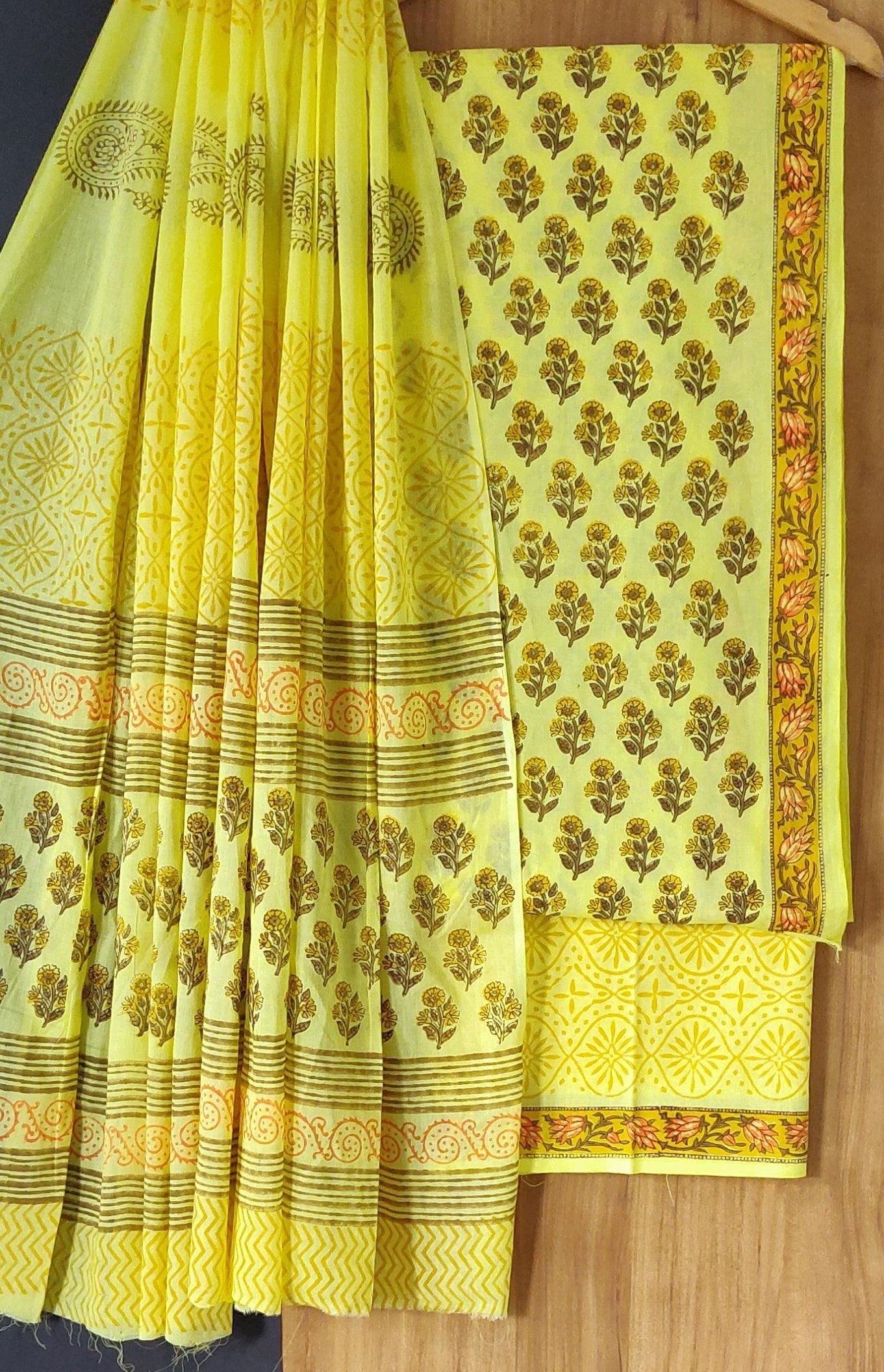 Exclusive  Yellow Booti Hand Block Printed Cotton Suit With Mulmul Duptta  EACOTMU27