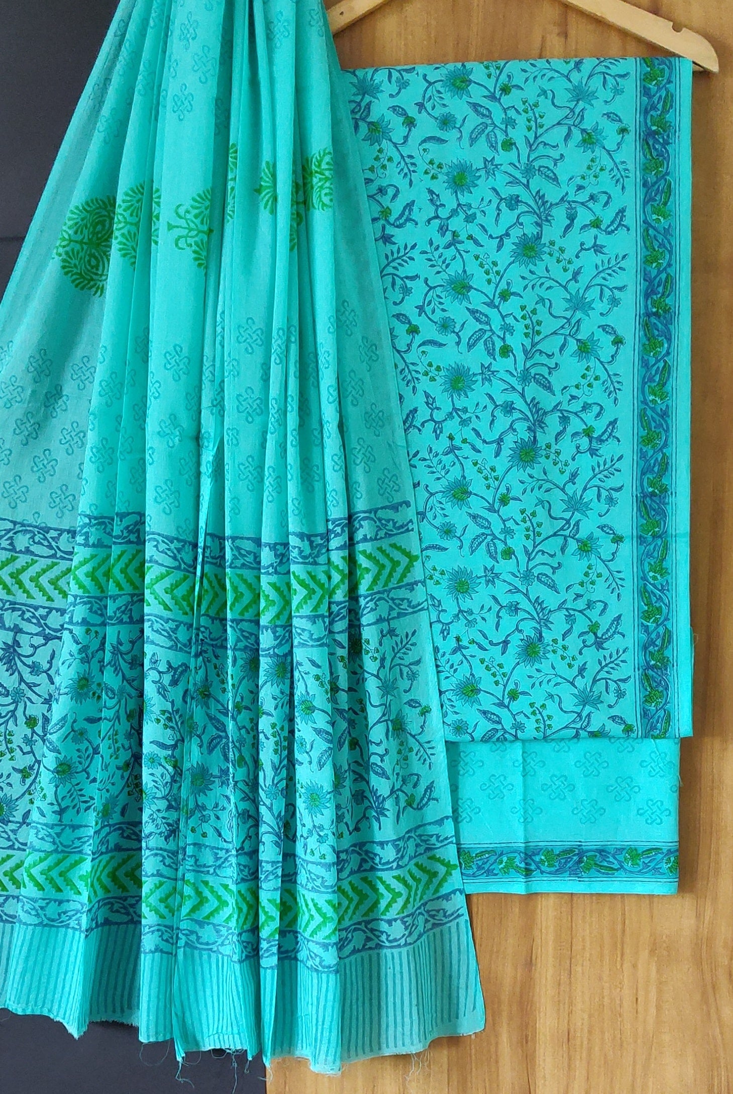 Blue Sanganeri Print Cotton Suit With Cotton Dupatta EACOTMU26