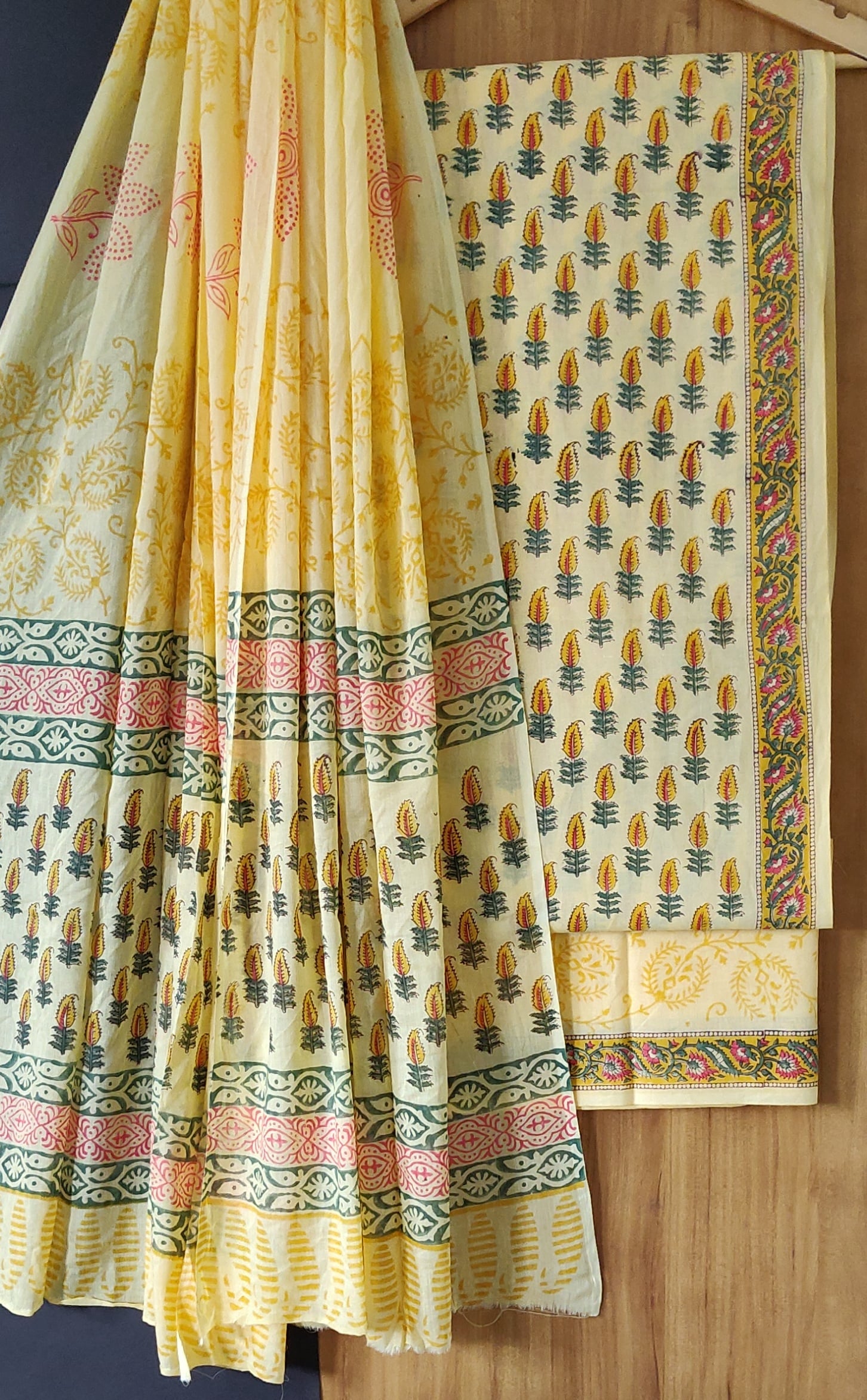 Exclusive Yellow  Sanganeri Print Cotton Suit With Cotton Dupatta COCOTMU09