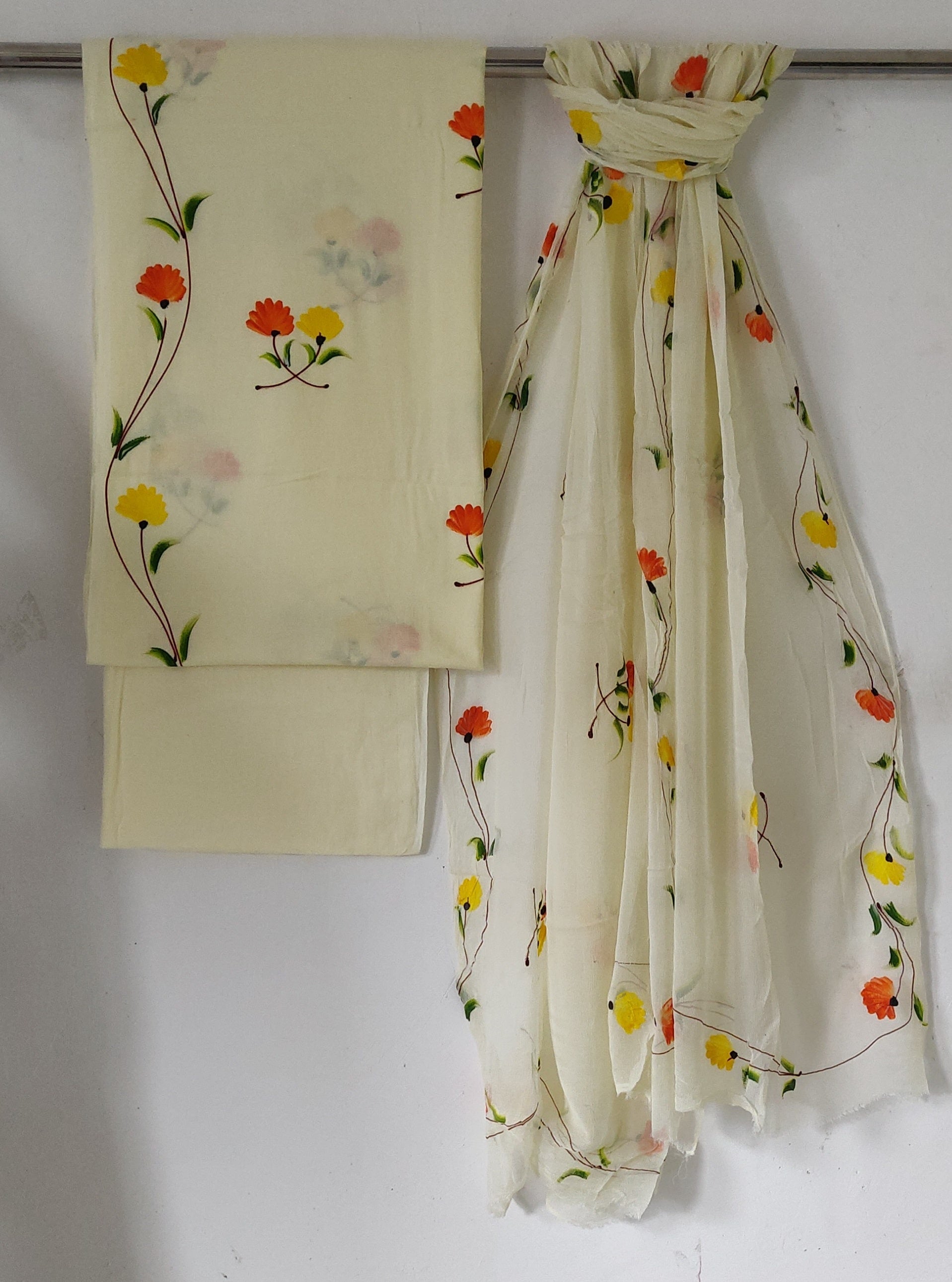 Exclusive Yellow Hand Painted Cotton Sets With Chiffon Dupatta COCOTCH12