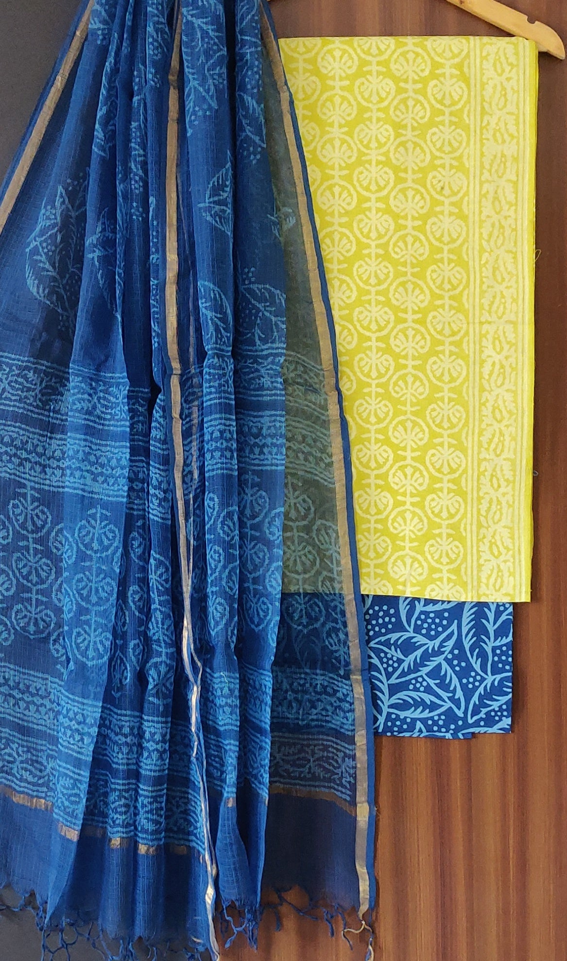 New Blue and Yellow Pure Cotton Suit With Kota Doria Dupatta COCOTKO03