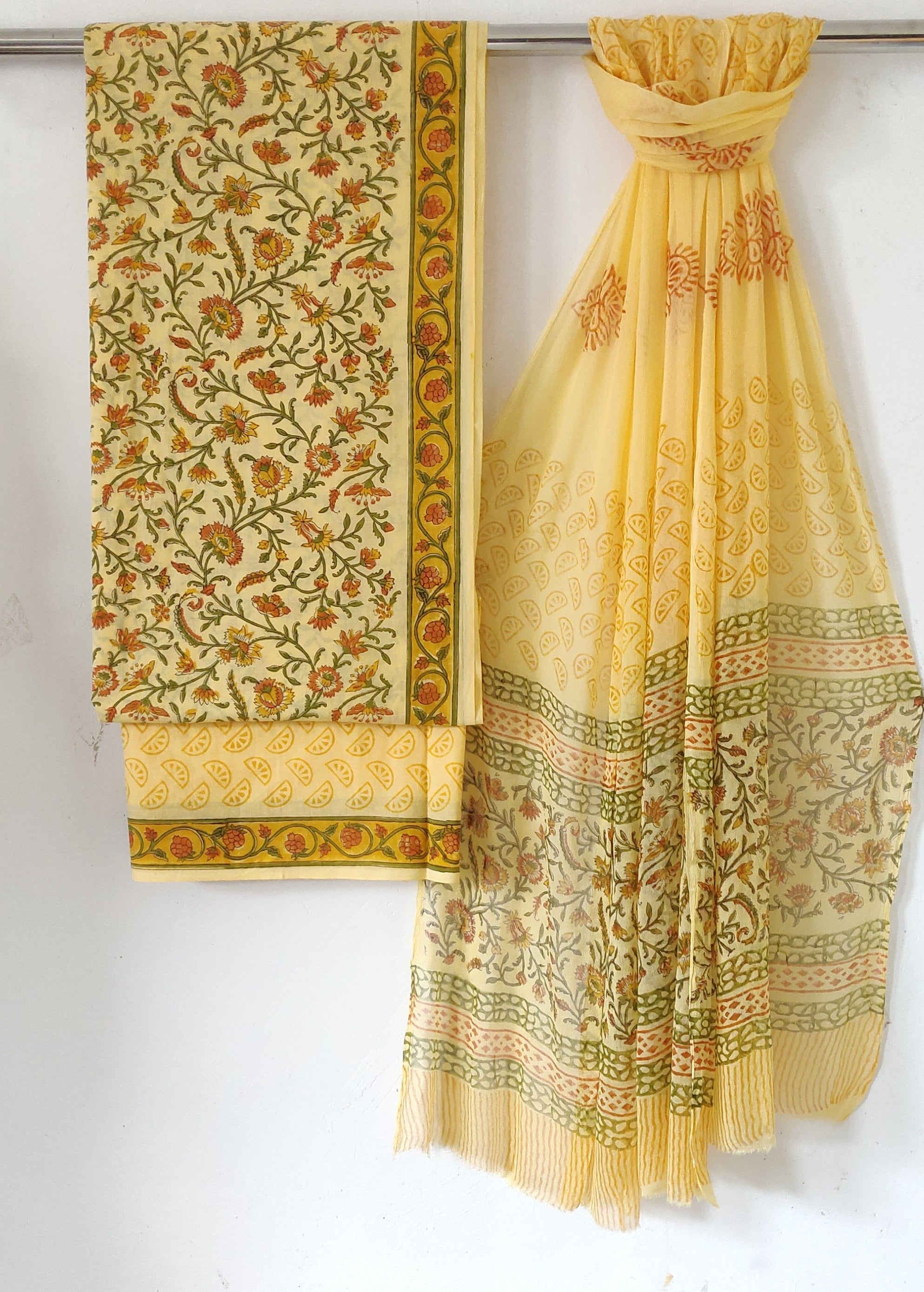 Rapid  Yellow Jaal Hand Block Print Cotton Suit Sets With Chiffon Dupatta COCOTCH13