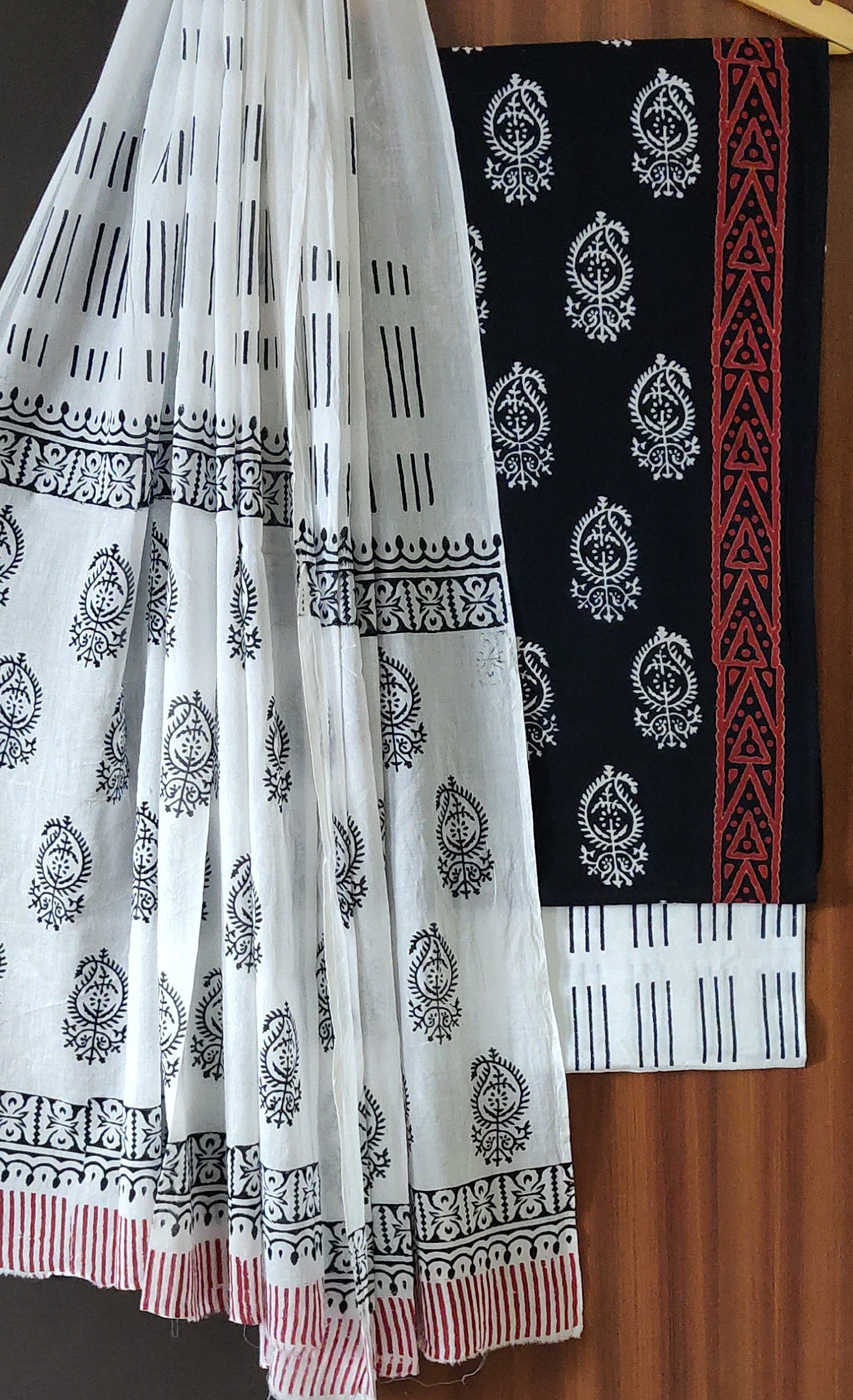 White and Black Hand Block Printed Cotton Suit With Mulmul Dupatta  EACOTMU33