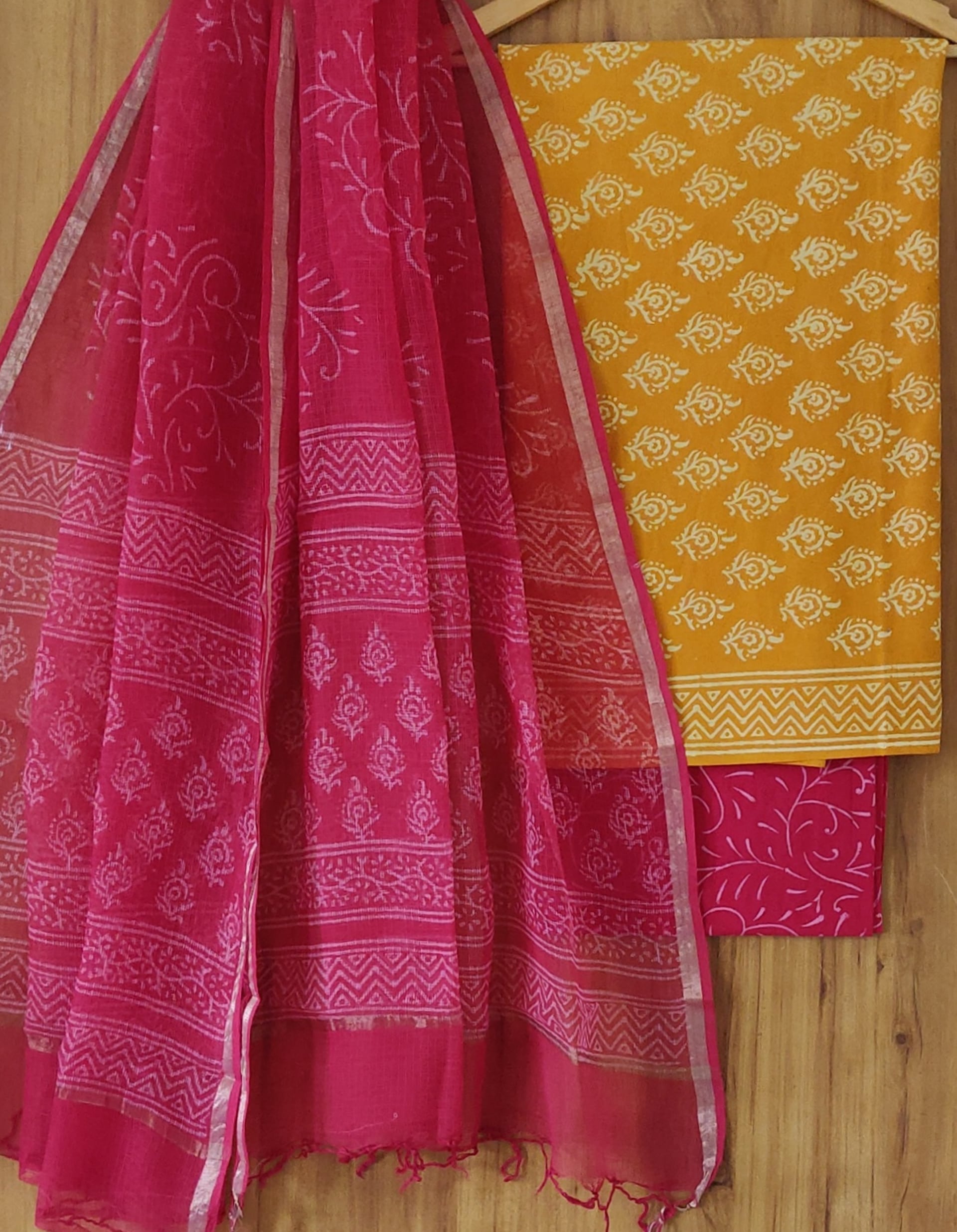 New Pink and Yellow Sober Cotton Suit With Kota Doria Dupatta COCOTKO07