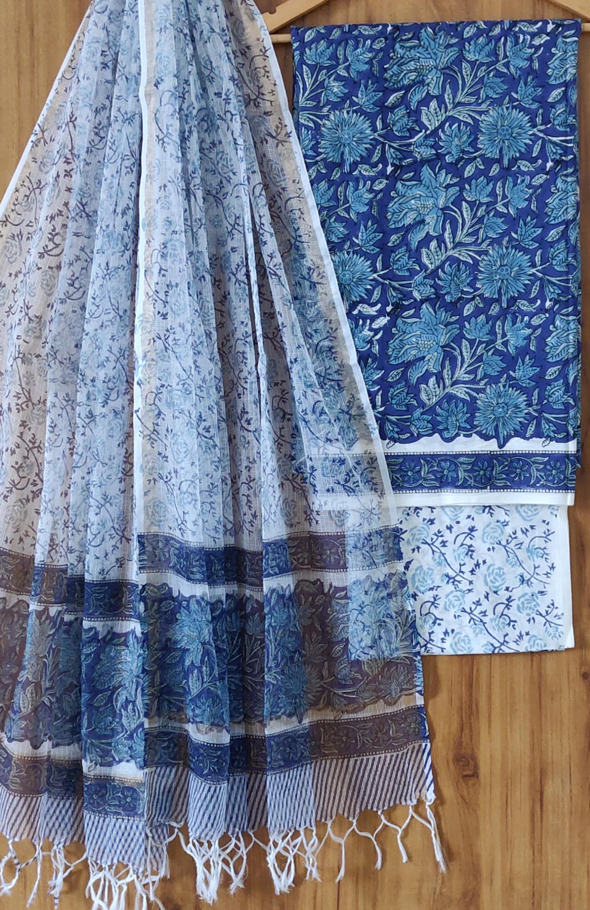 New Blue Floral Sanganeri Print Cotton Suit With Kota Doria Dupatta (COCOTKO02)