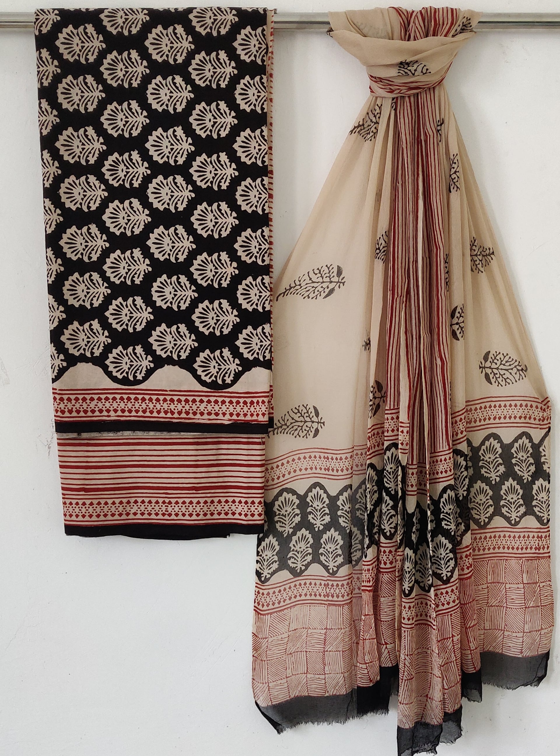 New  Black Traditional Hand Block Print Cotton Sets With Chiffon Dupatta (COCOTCH02)