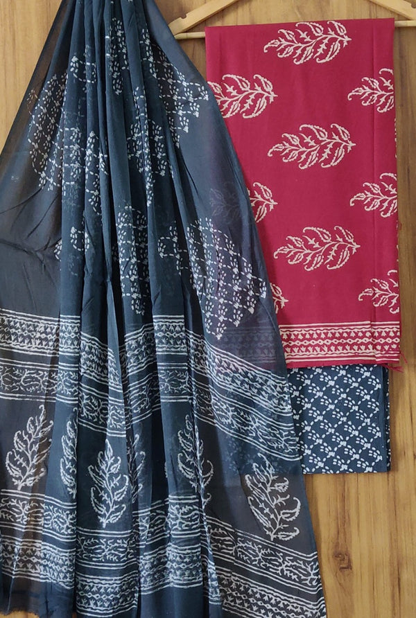 Hand Block Print Cotton Suit Sets With Chiffon Dupatta  EACTOCH39
